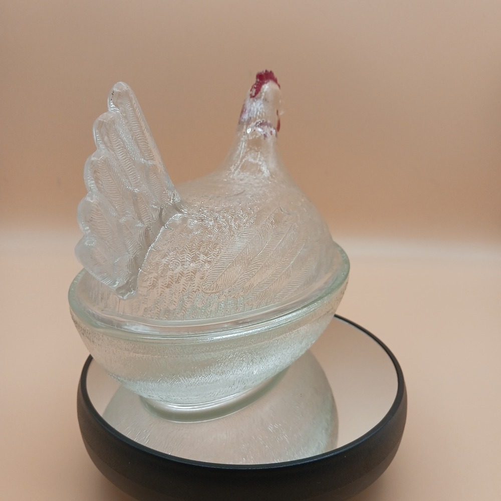 Indiana Glass Clear Hen on Nest Beadless Nest Red Paint Accents Candy Dish - Picture 5 of 13